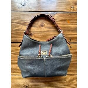 Dooney & Bourke Black Pebbled Leather Hobo Shoulder Bag Brown Trim Double Zip
